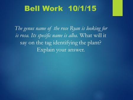 Bell Work 10/1/15 The genus name of the rose Ryan is looking for is rosa. Its specific name is alba. What will it say on the tag identifying the plant?