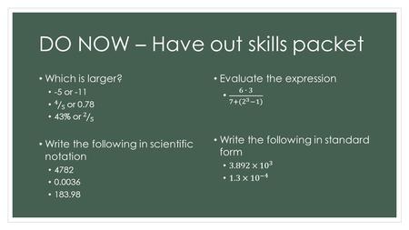 DO NOW – Have out skills packet. INTEREST, ORDER OF OPERATIONS & SCIENTIFIC NOTATION Students will be able to refresh their knowledge on using the interest.