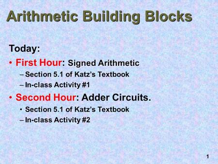 1 Arithmetic Building Blocks Today: Signed ArithmeticFirst Hour: Signed Arithmetic –Section 5.1 of Katz’s Textbook –In-class Activity #1 Second Hour: Adder.