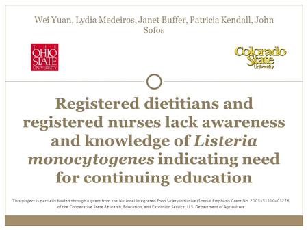 Wei Yuan, Lydia Medeiros, Janet Buffer, Patricia Kendall, John Sofos Registered dietitians and registered nurses lack awareness and knowledge of Listeria.