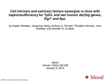 Cell intrinsic and extrinsic factors synergize in mice with haploinsufficiency for Tp53, and two human del(5q) genes, Egr1 and Apc by Angela Stoddart,