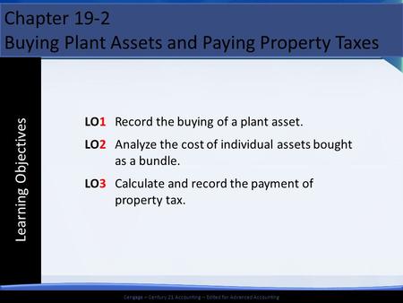 © 2014 Cengage Learning. All Rights Reserved. Learning Objectives Cengage – Century 21 Accounting -- Edited for Advanced Accounting LO1Record the buying.