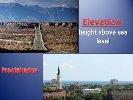 Height above sea level. Elevation- the height above sea level. 1. What city do you think will have a higher elevation? Circle one: Amarillo or El Paso.