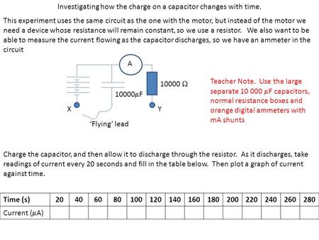 Investigating how the charge on a capacitor changes with time. This experiment uses the same circuit as the one with the motor, but instead of the motor.