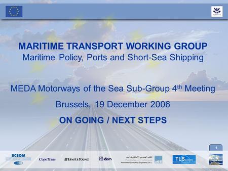 1 MARITIME TRANSPORT WORKING GROUP Maritime Policy, Ports and Short-Sea Shipping MEDA Motorways of the Sea Sub-Group 4 th Meeting Brussels, 19 December.