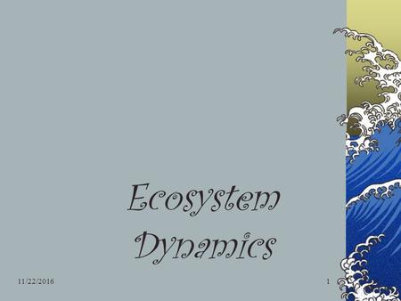 11/22/20161 Ecosystem Dynamics. 11/22/20162 Community All populations living and interacting in one area. Community dynamics include… Diversity of org.’s.