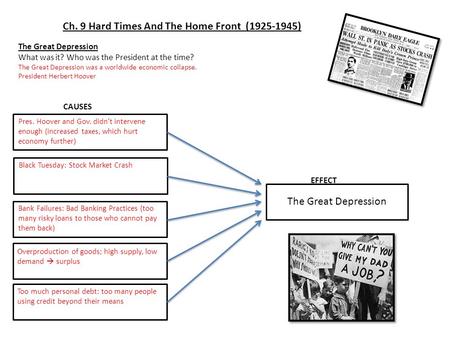 Ch. 9 Hard Times And The Home Front ( ) The Great Depression What was it? Who was the President at the time? The Great Depression was a worldwide.