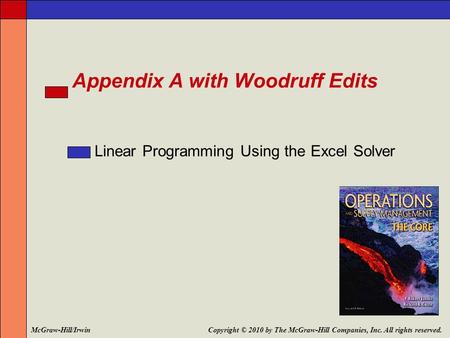 Appendix A with Woodruff Edits Linear Programming Using the Excel Solver Copyright © 2010 by The McGraw-Hill Companies, Inc. All rights reserved.McGraw-Hill/Irwin.