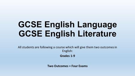 GCSE English Language GCSE English Literature All students are following a course which will give them two outcomes in English: Grades 1-9 Two Outcomes.