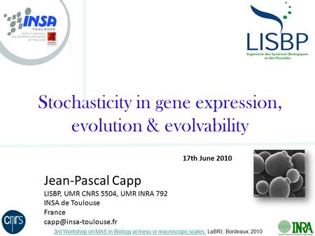 Stochasticity in gene expression, evolution & evolvability Jean-Pascal Capp LISBP, UMR CNRS 5504, UMR INRA 792 INSA de Toulouse France