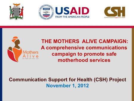 THE MOTHERS ALIVE CAMPAIGN: A comprehensive communications campaign to promote safe motherhood services Communication Support for Health (CSH) Project.