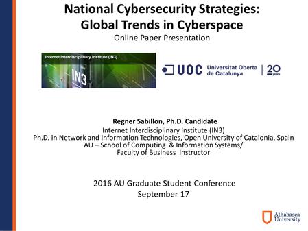 National Cybersecurity Strategies: Global Trends in Cyberspace Online Paper Presentation 2016 AU Graduate Student Conference September 17 Regner Sabillon,