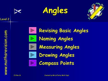 23-Nov-16Created by Mr.Lafferty Math Dept Revising Basic Angles Naming Angles  Measuring Angles Drawing Angles Compass Points Angles.