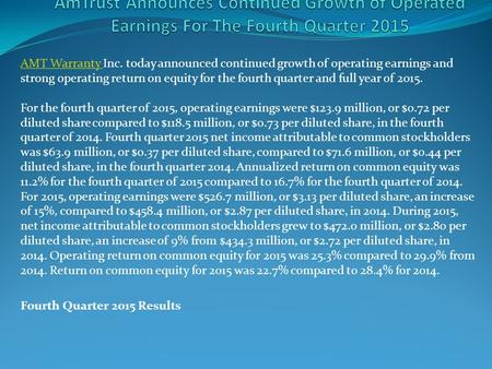 AmTrust Announces Continued Growth of Operated Earnings For The Fourth Quarter 2015