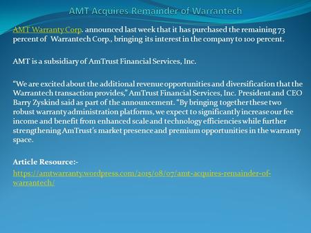 AMT Acquires Remainder of Warrantech