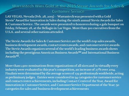 Warrantech Wins Gold at the 2015 Stevie Awards for Sales & Customer Service