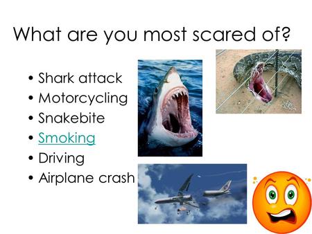 What are you most scared of? Shark attack Motorcycling Snakebite Smoking Driving Airplane crash.