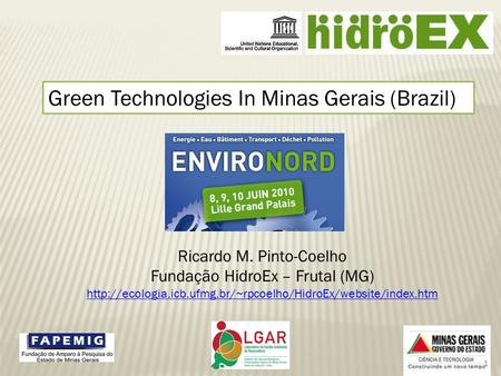 Green Technologies In Minas Gerais (Brazil) Ricardo M. Pinto-Coelho Fundação HidroEx – Frutal (MG)