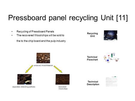 Pressboard panel recycling Unit [11] Recycling of Pressboard Panels The recovered Wood chips will be sold to the to the chip board and the pulp industry.