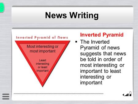 Inverted Pyramid The Inverted Pyramid of news suggests that news be told in order of most interesting or important to least interesting or important News.