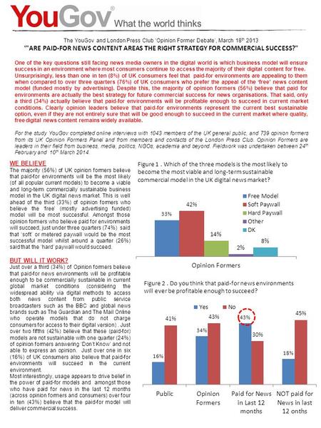 The YouGov and London Press Club Opinion Former Debate, March 18 th 2013 ARE PAID-FOR NEWS CONTENT AREAS THE RIGHT STRATEGY FOR COMMERCIAL SUCCESS? One.
