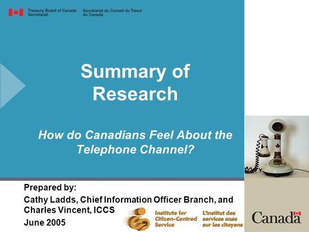 Summary of Research How do Canadians Feel About the Telephone Channel? Prepared by: Cathy Ladds, Chief Information Officer Branch, and Charles Vincent,