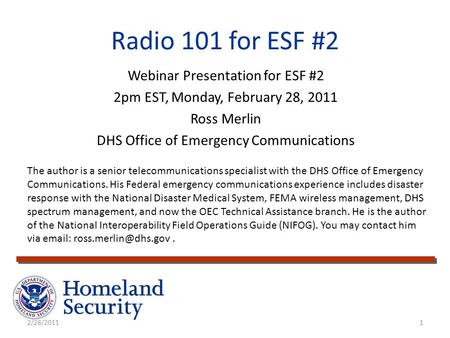 Radio 101 for ESF #2 Webinar Presentation for ESF #2