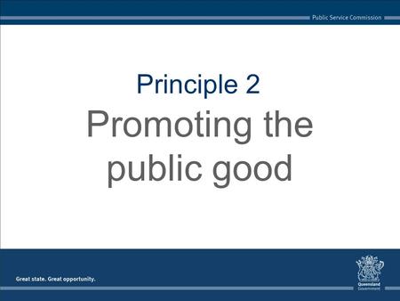 Principle 2 Promoting the public good. Because the public sector is the mechanism through which governments deliver programs and services for the benefit.