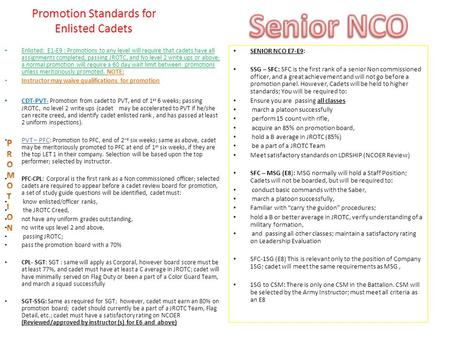 Promotion Standards for Enlisted Cadets Enlisted: E1-E9 : Promotions to any level will require that cadets have all assignments completed, passing JROTC,