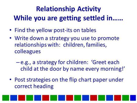 Relationship Activity While you are getting settled in…… Find the yellow post-its on tables Write down a strategy you use to promote relationships with: