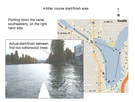 4-Miler course start/finish area Pointing down the canal, southeasterly, on the right hand side. Actual start/finish between first two cottonwood trees.