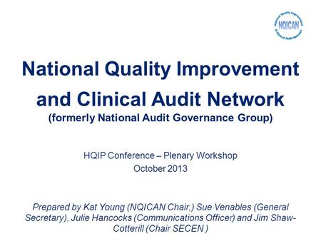 National Quality Improvement and Clinical Audit Network (formerly National Audit Governance Group) HQIP Conference – Plenary Workshop October 2013 Prepared.