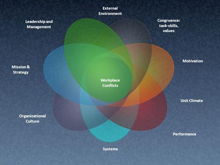 Leadership and Management Congruence: task-skills, values Mission & Strategy Organizational Culture Motivation Unit Climate Workplace Conflicts External.