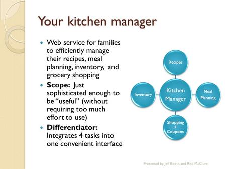 Your kitchen manager Web service for families to efficiently manage their recipes, meal planning, inventory, and grocery shopping Scope: Just sophisticated.