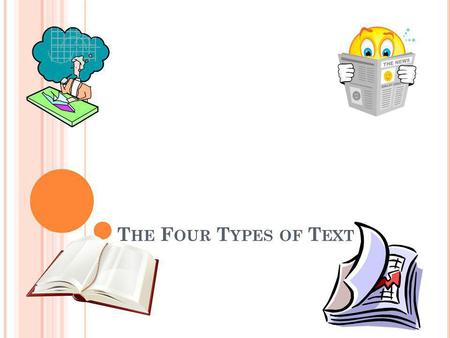 T HE F OUR T YPES OF T EXT. N ARRATIVE T EXT Narrative text is often fiction (not true) It tells a story. It contains a setting. It contains a plot.