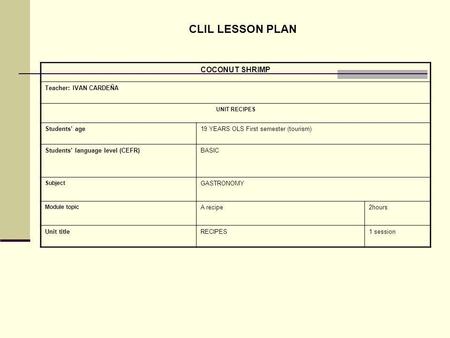 COCONUT SHRIMP Teacher: IVAN CARDEÑA UNIT RECIPES Students age19 YEARS OLS First semester (tourism) Students language level (CEFR)BASIC Subject GASTRONOMY.