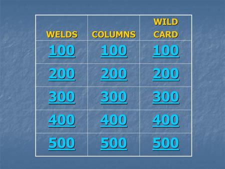 WELDSCOLUMNSWILDCARD 100 200 300 400 500. Match these descriptions of column slenderness and behavior: short, long, in between inelastic buckling, elastic.