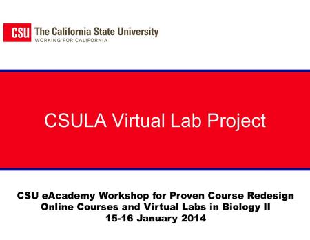 CSULA Virtual Lab Project CSU eAcademy Workshop for Proven Course Redesign Online Courses and Virtual Labs in Biology II 15-16 January 2014.