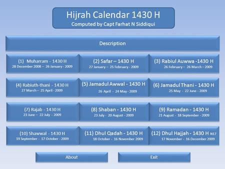 Hijrah Calendar 1430 H Computed by Capt Farhat N Siddiqui Description (1)Muharram - 1430 HMuharram - 1430 H 28 December 2008 – 26 January - 2009 (1)Muharram.