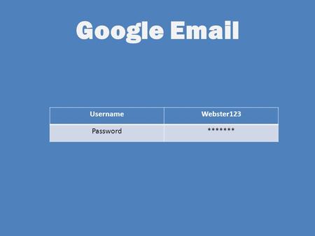 Google Email UsernameWebster123 Password*******. Google Welcome to Google Steve: So I totally scored the game winning touchdown. Im pretty much awesome!