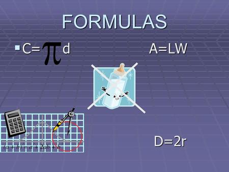 FORMULAS C= d A=LW C= d A=LW D=2r D=2r. QUOTE OF THE DAY The greater the obstacle, the more glory in overcoming it. The greater the obstacle, the more.