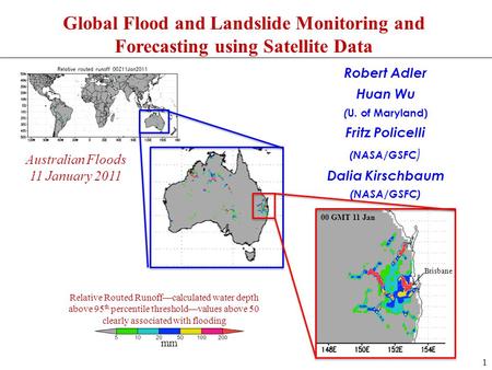 Robert Adler Huan Wu ( U. of Maryland) Fritz Policelli (NASA/GSFC ) Dalia Kirschbaum (NASA/GSFC) mm Relative Routed Runoffcalculated water depth above.