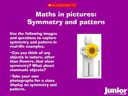 Maths in pictures: Symmetry and pattern Use the following images and questions to explore symmetry and pattern in real-life examples. Can you think of.