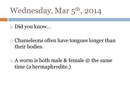 Wednesday, Mar 5 th, 2014 Did you know… Chameleons often have tongues longer than their bodies. A worm is both male & the same time (a hermaphrodite.)