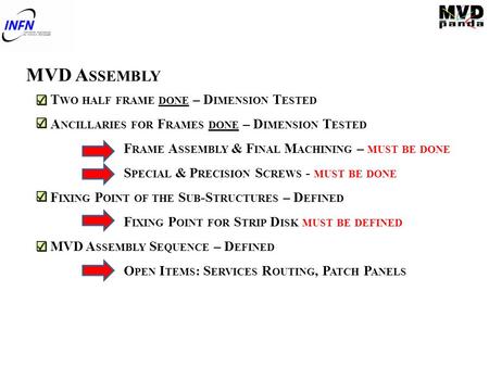 MVD A SSEMBLY T WO HALF FRAME DONE – D IMENSION T ESTED A NCILLARIES FOR F RAMES DONE – D IMENSION T ESTED F RAME A SSEMBLY & F INAL M ACHINING – MUST.