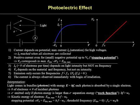 I0I0 I 0 V 0 V0V0 f f 0 1)Current depends on potential; max current I 0 (saturation) for high voltages. I 0 reached when all electrons are collected 2)Positive.