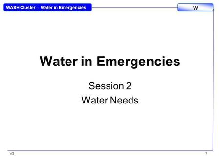 WASH Cluster – Water in Emergencies W W2 1 Water in Emergencies Session 2 Water Needs.