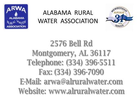 ALABAMA RURAL WATER ASSOCIATION. Operations Consultant Chris Harmon (334) 850-5896.