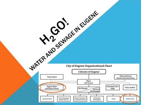 H 2 GO! WATER AND SEWAGE IN EUGENE. ORGANIZATION AND BUDGET ORGANIZATIONBUDGET Capital budget used for prescriptive measures Operations budget Infrastructure.