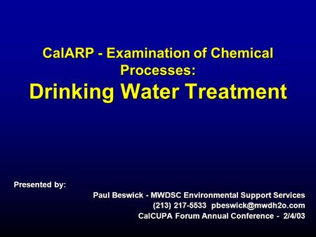 CalARP - Examination of Chemical Processes: Drinking Water Treatment